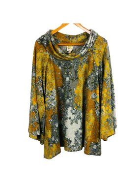 Fig & Flower Cowl Neck Patterned Tunic Top Sz 3X Multicolored Floral Wide Sleeve